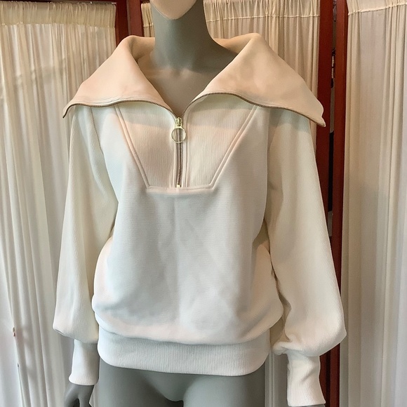 Varley Vine Ribbed Stretch-cotton Half-zip Sweatshirt Ivory Size XS - Picture 2 of 8